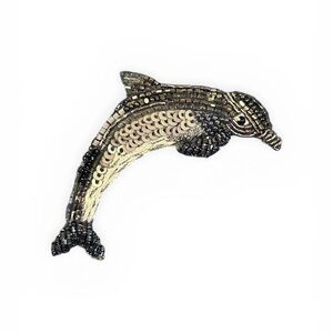 Mignonne Gavigan Beaded Dolphin Brooch in Silver and Cream